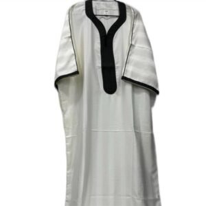 Cream and Khaki Traditional Moroccan Striped Gandoura Thobe for Men (Size 52)